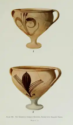 Two Mycenaen goblets, made of buff ceramic with black painted decorations, painted in watercolour.
