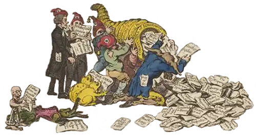Cornucopia issuing radical pamphlets and surrounded by revolutionaries with tricolor hats.