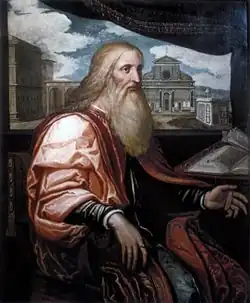 Patronage portrait of Giovanni di Paolo Rucellai, in the background his principal works in Florence: Palazzo and Loggia Rucellai, the façade of Santa Maria Novella and the Tempietto of the Holy Sepulchre. Oil on board, attributed to Francesco Salviati, c. 1540.
