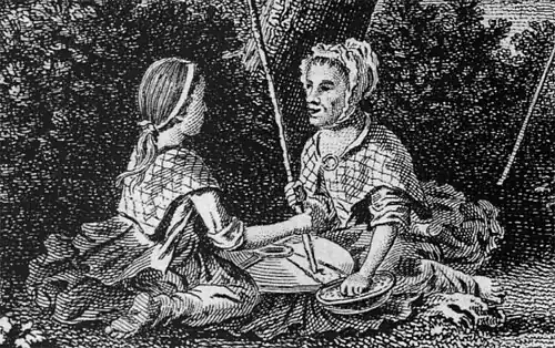 Detail from an 18th-century engraving showing a girl (left) with a ponytail