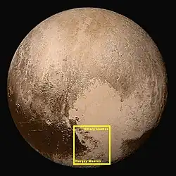 Pluto – Hillary Montes and Tenzing Montes, (context; 14 July 2015).