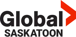 At right, a red arrow with the top part larger than the bottom and no stem. To the left, the word Global in black, with the word Saskatoon in black below it in smaller text and in all caps.
