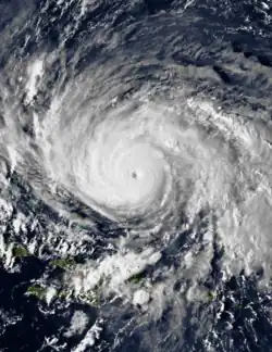 A satellite image of Hurricane Gloria, featuring a small eye and large convective bands.