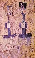 The Goguryeo jeogori was a hip-length jacket with narrow sleeves. It had a straight, crossed collar and was tied shut with a belt at the waist. The collar and cuffs were often decorated with a different colored trim.