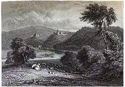 A Victorian engraving of Goodrich Court, with the court in the centre and Goodrich Castle centre-left