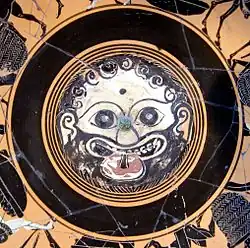 Fig. 19. Gorgoneion; Attic kylix cup, Paris, Cabinet des Medailles 320 (late sixth century BC)[91]
