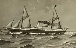 Black and white drawing of the two-masted ship with a central steam engine funnel, traveling from right to left through choppy seas.