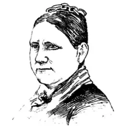 19th-century B&W portrait drawing of a woman with her hair in an up-do, wearing a dark, fitted blouse.