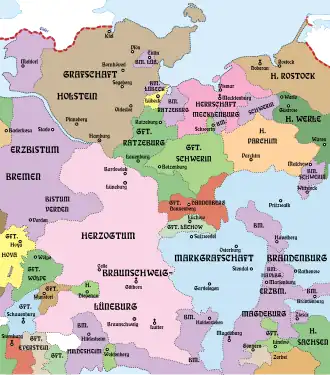 The county (in red) around 1250