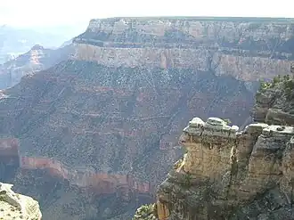 North Rim, Grand Canyon showing Permian formations: rim-forming Kaibab Limestone, slope-cliff-slope sequence of Toroweap Formation, high, white cliff of Coconino Sandstone, vegetation-covered slope of Hermit Formation, and slopes and cliffs of Supai Group "redbeds")