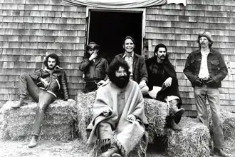 The Grateful Dead in 1970, in a rural setting – Bill Kreutzmann, Ron "Pigpen" McKernan, Jerry Garcia, Bob Weir, Mickey Hart, and Phil Lesh