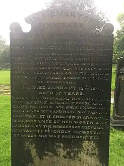 Close up of Ann Carr's grave recording her as the "Foundress of the sect of Female Revivalists"