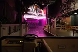 The view from a ride vehicle on The Great Movie Ride, showing the ride path and limited driving controls