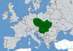 Great Moravia at its greatest extent during the reign of Svatopluk I, with a red dot marking the approximate location of its capital