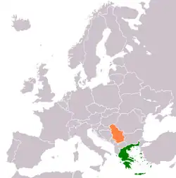 Map indicating locations of Greece and Serbia