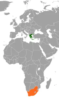 Map indicating locations of Greece and South Africa