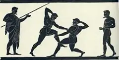 Image 50Ancient Greek pankratiasts fighting. This drawing is an early 20th century copy of a scene from a Panathenaic amphora. (from Mixed martial arts)