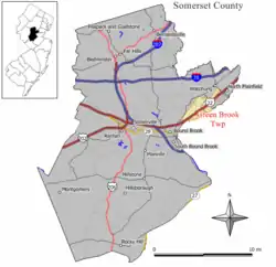 Location of Green Brook Township in Somerset County highlighted in yellow (right). Inset map: Location of Somerset County in New Jersey highlighted in black (left). Interactive map of Green Brook Township, New Jersey