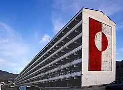 The flag of Greenland displayed vertically on the Blok P apartment block in Nuuk