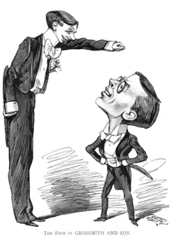 Caricature of tall young son looming over shorter middle-aged father, both smiling and dressed in white tie and tails