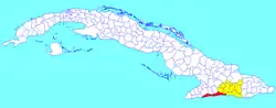 Guamá municipality (red) within Santiago Province (yellow) and Cuba
