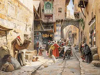 A painting by Gustav Bauernfeind of a crowd in Damascus street, circa 1890