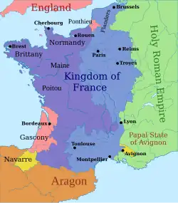 a map of France showing only a small part of the south-west under English control
