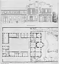 Elevation and floor plan. In the elevation, the sculptures to be added by Clodion were 'fancifully interpreted'.[11] In the plan north, is down; the rue Monsieur, to the left; and the boulevard des Invalides, to the right.