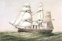 A print portrait of a screw frigate called the Inconstant in 1872