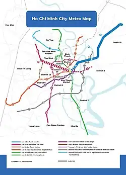 Current map of HCMC Metro, that Line 1 has commenced operations while the construction for Line 2 is being deployed.
