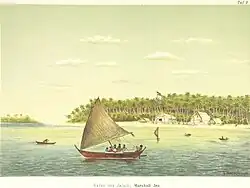 Image 36German trading station at Jaluit Atoll with a Marshallese korkor outrigger canoe in the foreground (from Micronesia)