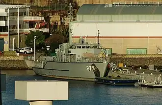 Huon-class minehunter HMAS&nbsp;Yarra docked at Waterhen in February 2008.