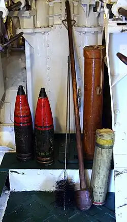 Gun turret showing shells and tools on board HMS&nbsp;Belfast&nbsp;(C35).