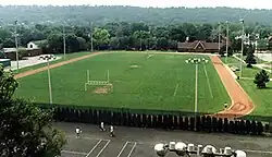 Aerial view of a football field surrounded by a running track