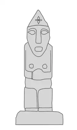 General appearance of the numerous Scythoïd Hu monumental statues from Shandong, featuring people with a high nose, deep eyes and a pointed hat. Eastern Han period.[235]