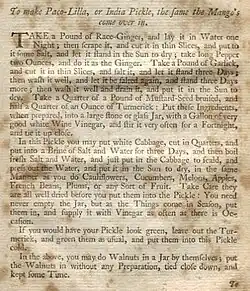 Hannah Glasse's recipe for "Paco-Lilla or India Pickle", 1758