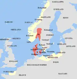 Harald's realm (red) with vassals and allies (yellow).