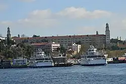 Harem car ferryboat piers with Selimiye Barracks in the background seen from Sea of Marmara.