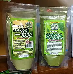 Coca flour, pure and mixed with tocosh flour. Products made in Peru.