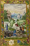Fifth Treatise: women washing, hanging and sun drying laundry by a stream.