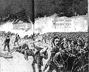 Image 22Exaggerated 19th century engraving showing flames and smoke following the Haymarket riot.