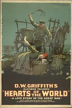 Theatrical lobby poster showing dramatic World War I scenes