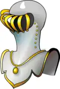 Barred helm with gold bars, collar, and trim.