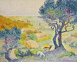 Henri-Edmond Cross, 1907–08, La Pleine de Bormes, oil on canvas, 73.1 × 91.8&nbsp;cm. Exposició d'Art francès d'Avantguarda, Galeries Dalmau, Barcelona, 1920