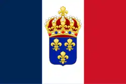 The French tricolore with the royal crown and fleur-de-lys was possibly designed by the Henri, Count of Chambord, in his younger years as a compromise, but which was never made official, and which he himself rejected when offered the throne in 1870.[33]