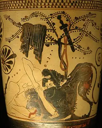 White-ground lekythos, c. 500–475 BC, from Athens, by Diosphos Painter. Currently held in the Louvre, Department of Greek, Etruscan and Roman Antiquities, Sully, 1st floor, room 39, case 5