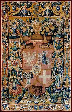Tapestry with the coat of arms of Grand Duke Sigismund II Augustus, crowned with Gediminas's Cap, circa 1548