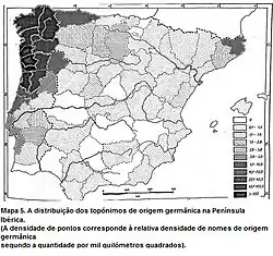Image 29Distribution of Germanic place names across the Iberian peninsula. Darker shades indicate higher concentration. (from History of Portugal)