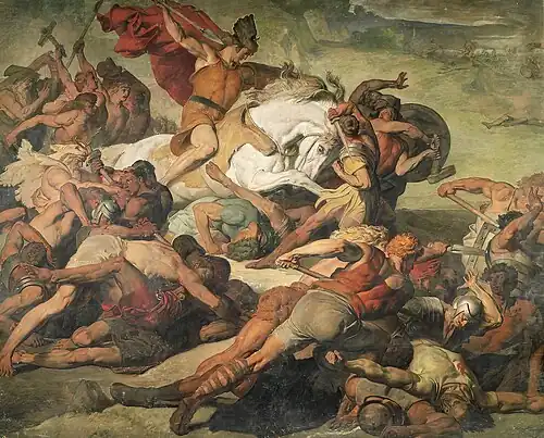 A painting depicting a confrontation of armed soldiers in battle, with one riding atop a white horse
