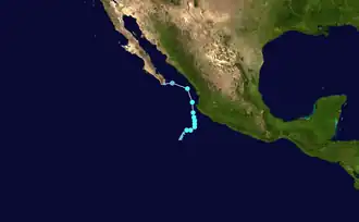 Map plotting the track and the intensity of the storm, according to the Saffir–Simpson scale
